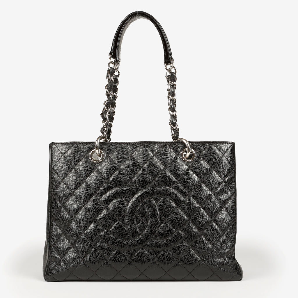 Grand Shopping Tote, Black Caviar Silver Hardware