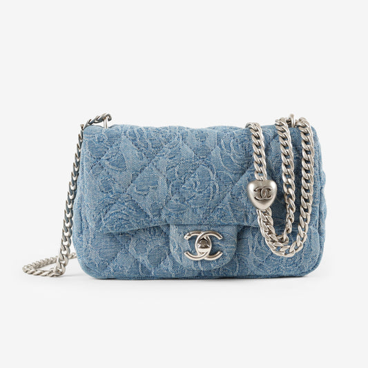 Denim Camellia Sweetheart Mini Flap