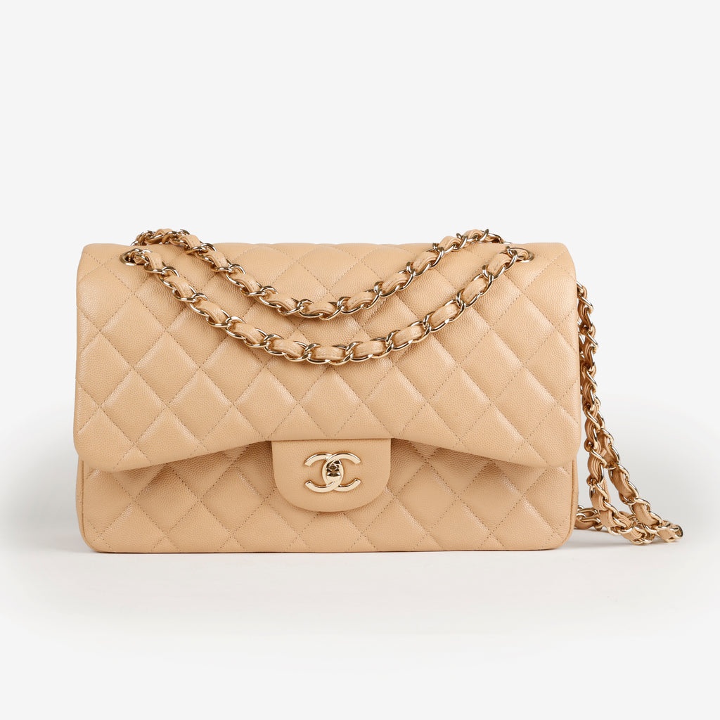 Jumbo Double Flap, Dark Beige Caviar Gold Hardware