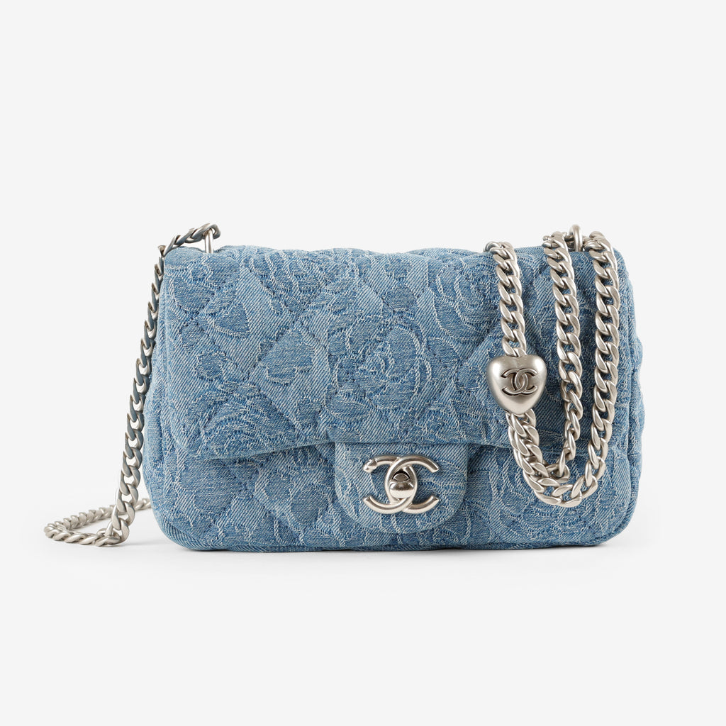 Denim Camellia Sweetheart Mini Flap