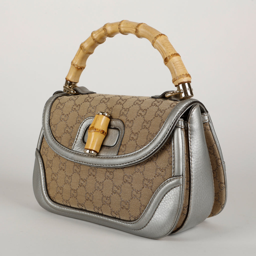 Medium New Bamboo Top Handle, Canvas Silver
