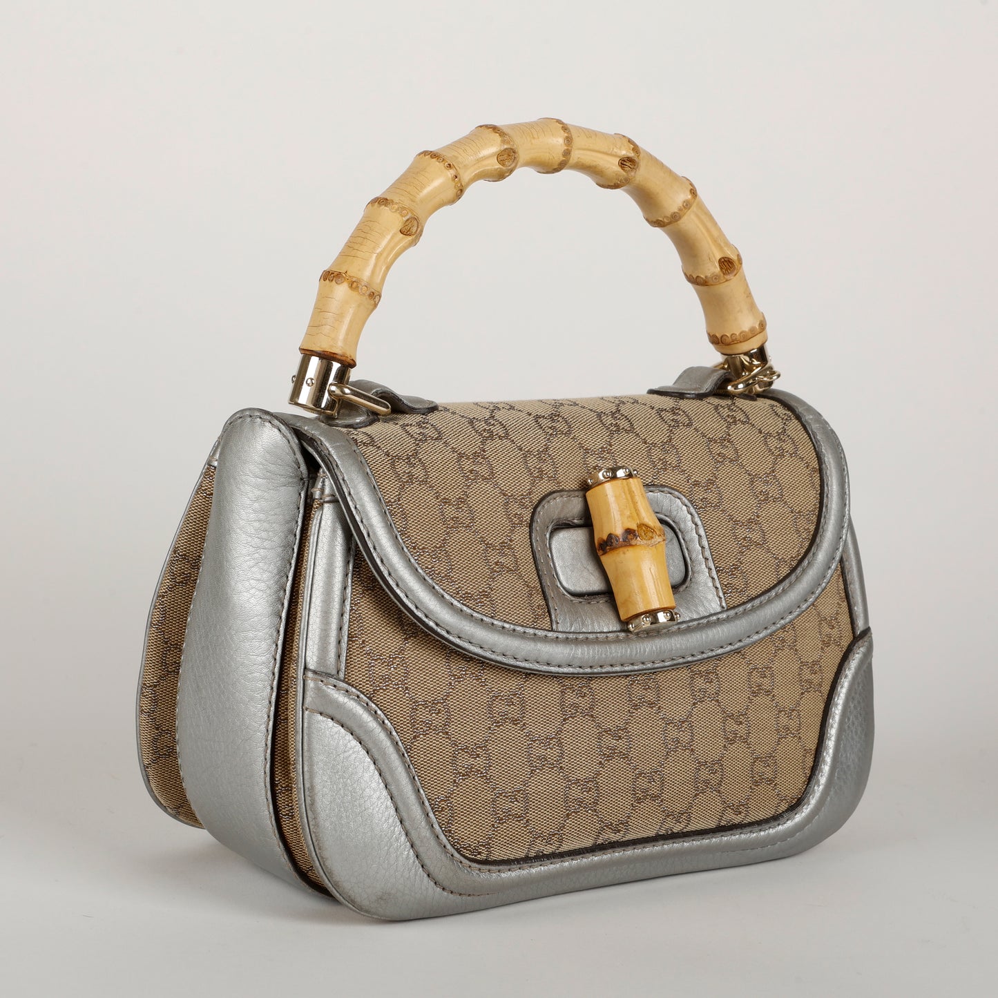 Medium New Bamboo Top Handle, Canvas Silver