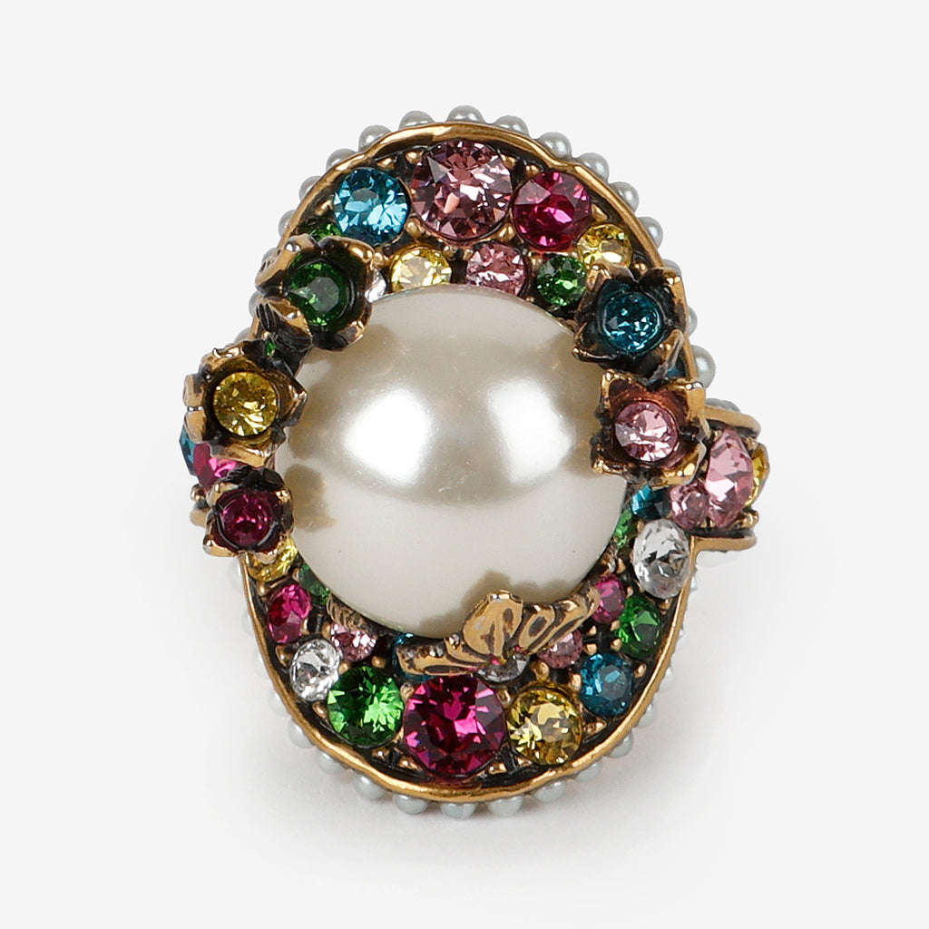 Pearl & Crystal Cocktail Ring Size 7.5