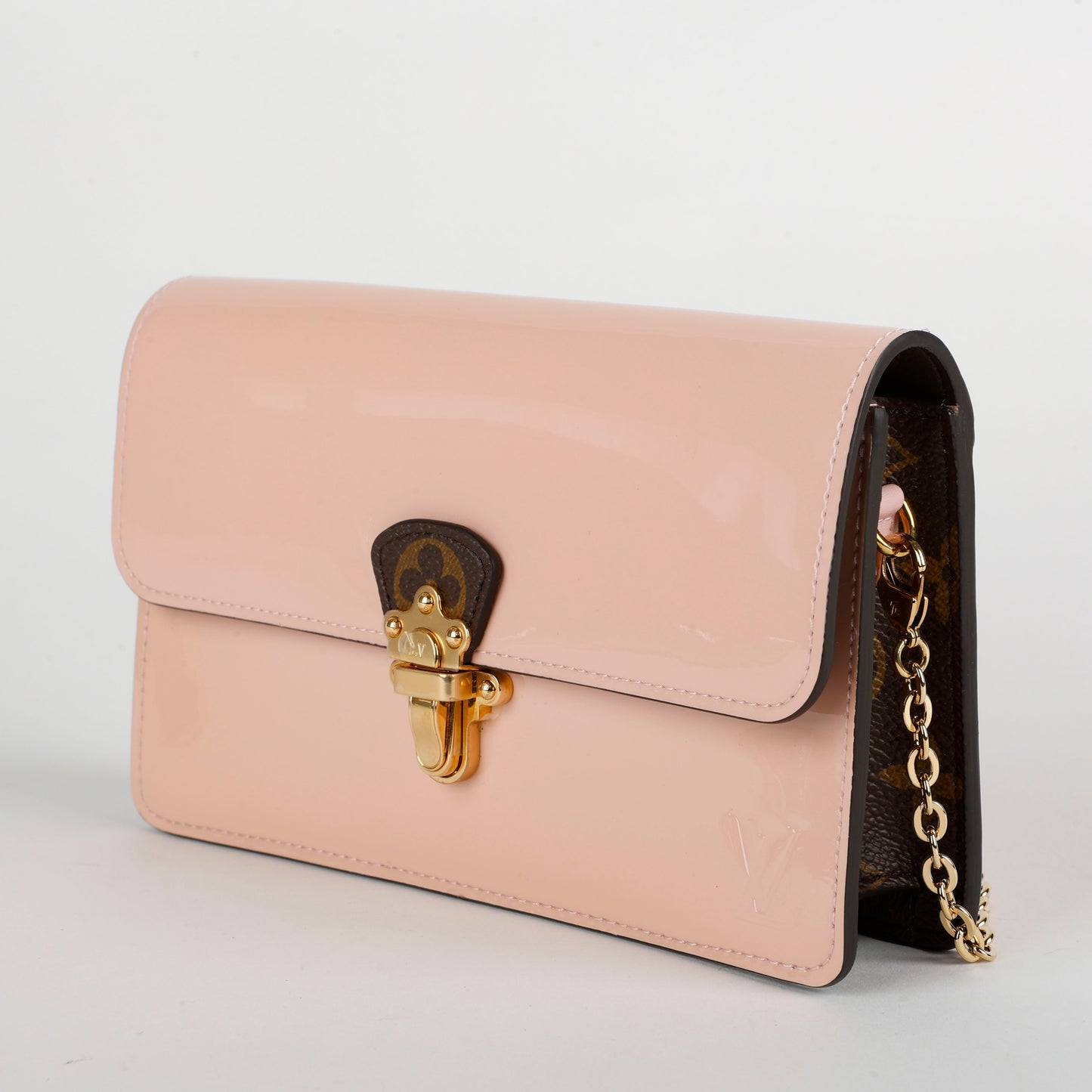 Cherry Wood Chain Wallet, Rose Ballerine/Monogram