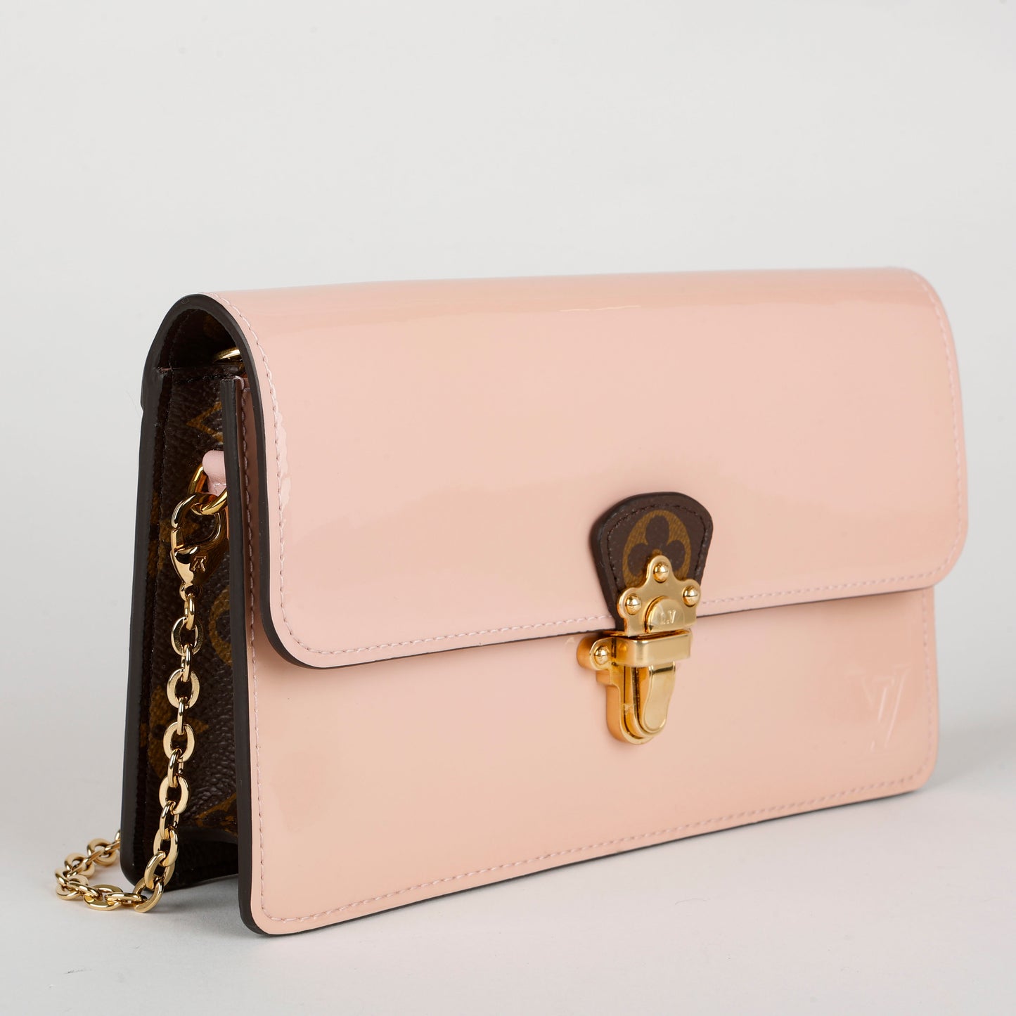 Cherry Wood Chain Wallet, Rose Ballerine/Monogram