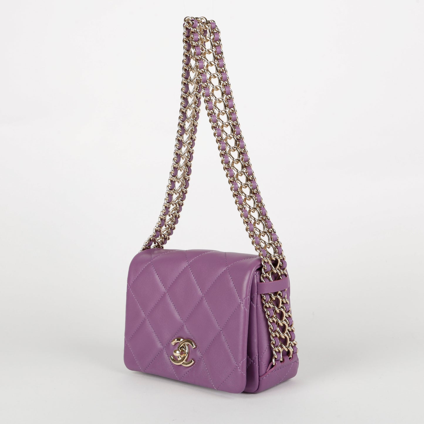 Mini Triple Chain Flap Bag, Purple Lambskin
