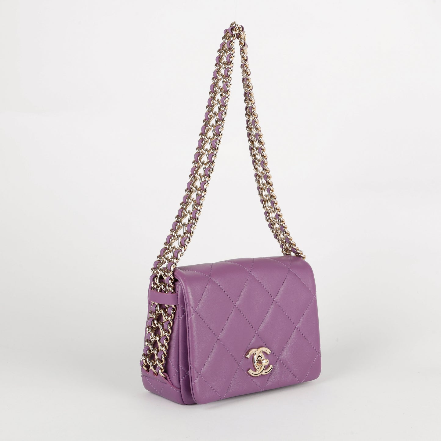 Mini Triple Chain Flap Bag, Purple Lambskin