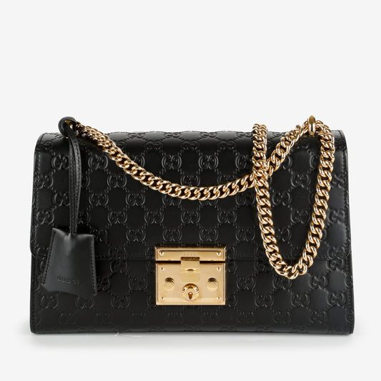 Medium Padlock Shoulder Bag, Black Guccissima