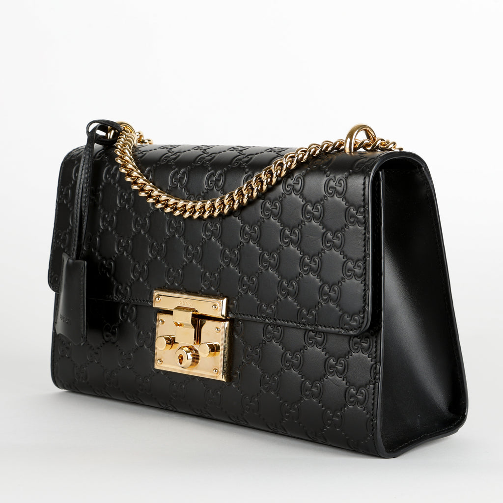 Medium Padlock Shoulder Bag, Black Guccissima