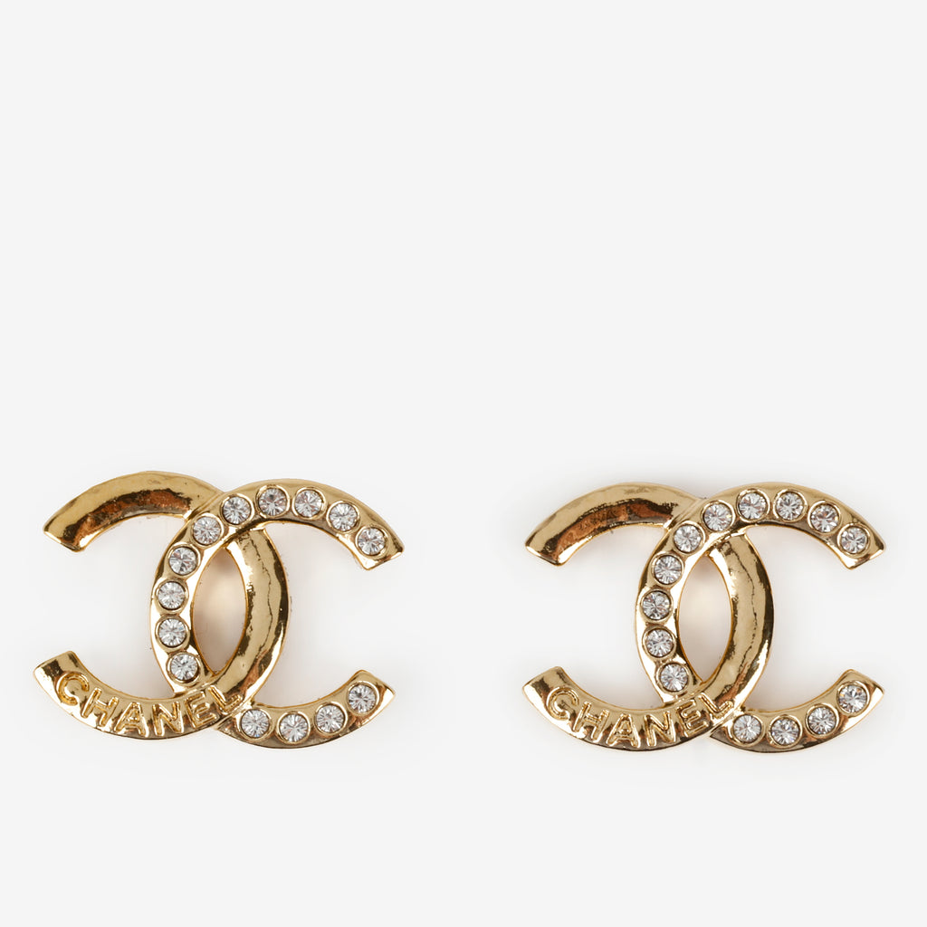 Double CC Earrings, Gold Crystal