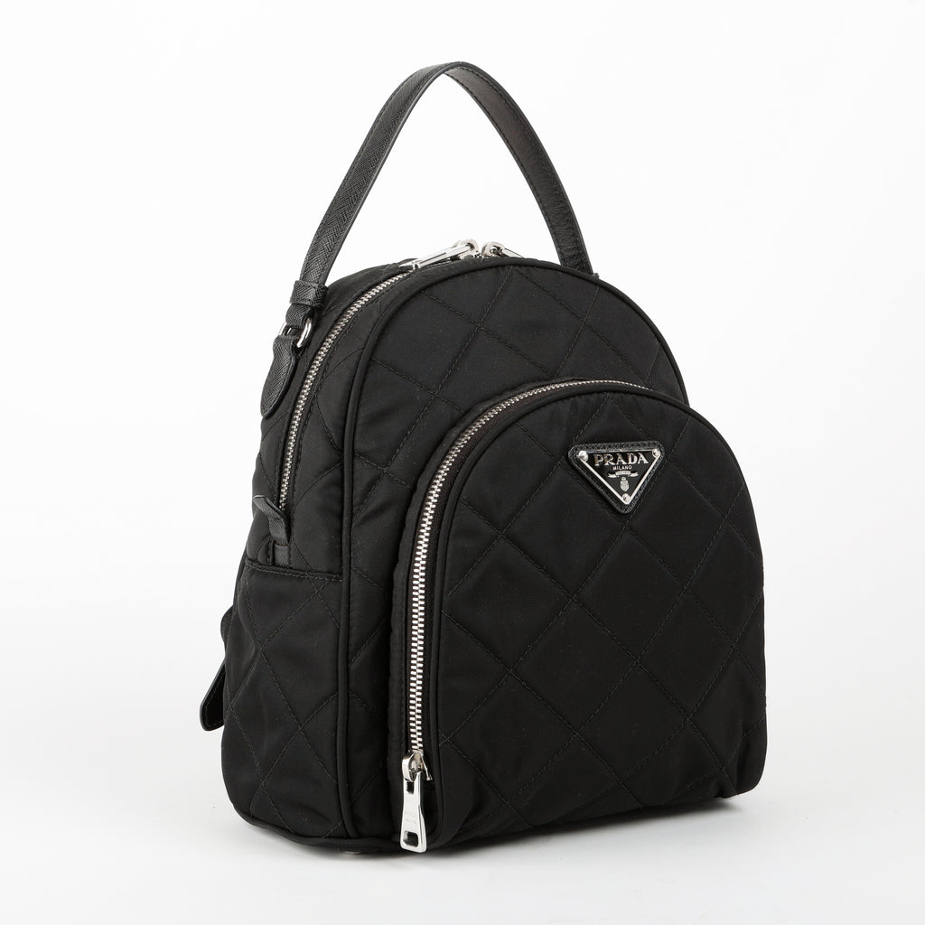 Black Quilted Nylon Zipper Backpack