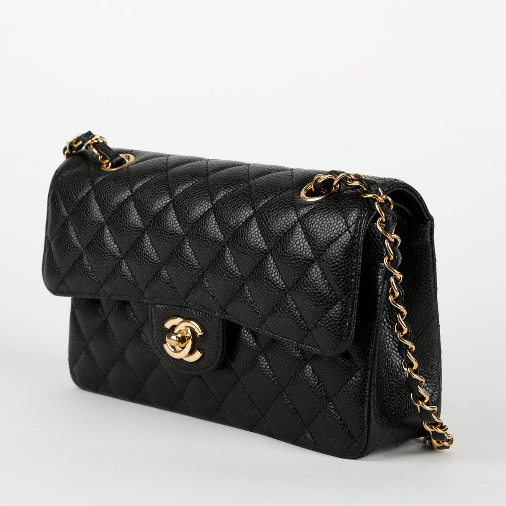 Small Double Flap, Black Caviar Gold Hardware