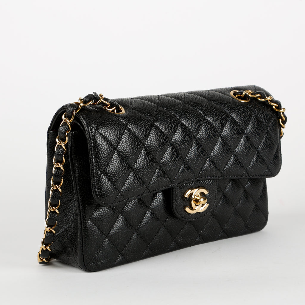 Small Double Flap, Black Caviar Gold Hardware