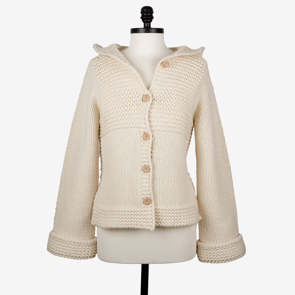 Button Up Crochet Hoodie Sweater, Cream (Size S)