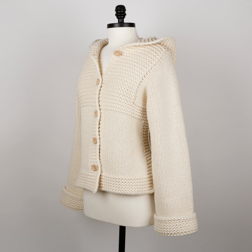 Button Up Crochet Hoodie Sweater, Cream (Size S)