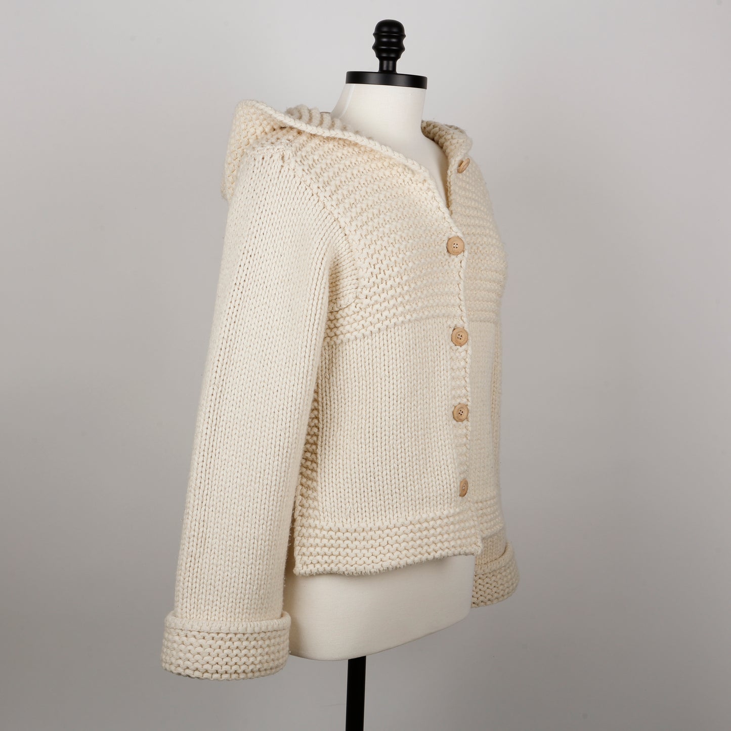 Button Up Crochet Hoodie Sweater, Cream (Size S)