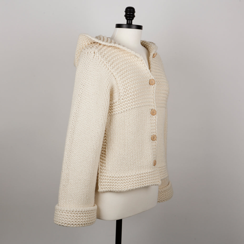 Button Up Crochet Hoodie Sweater, Cream (Size S)