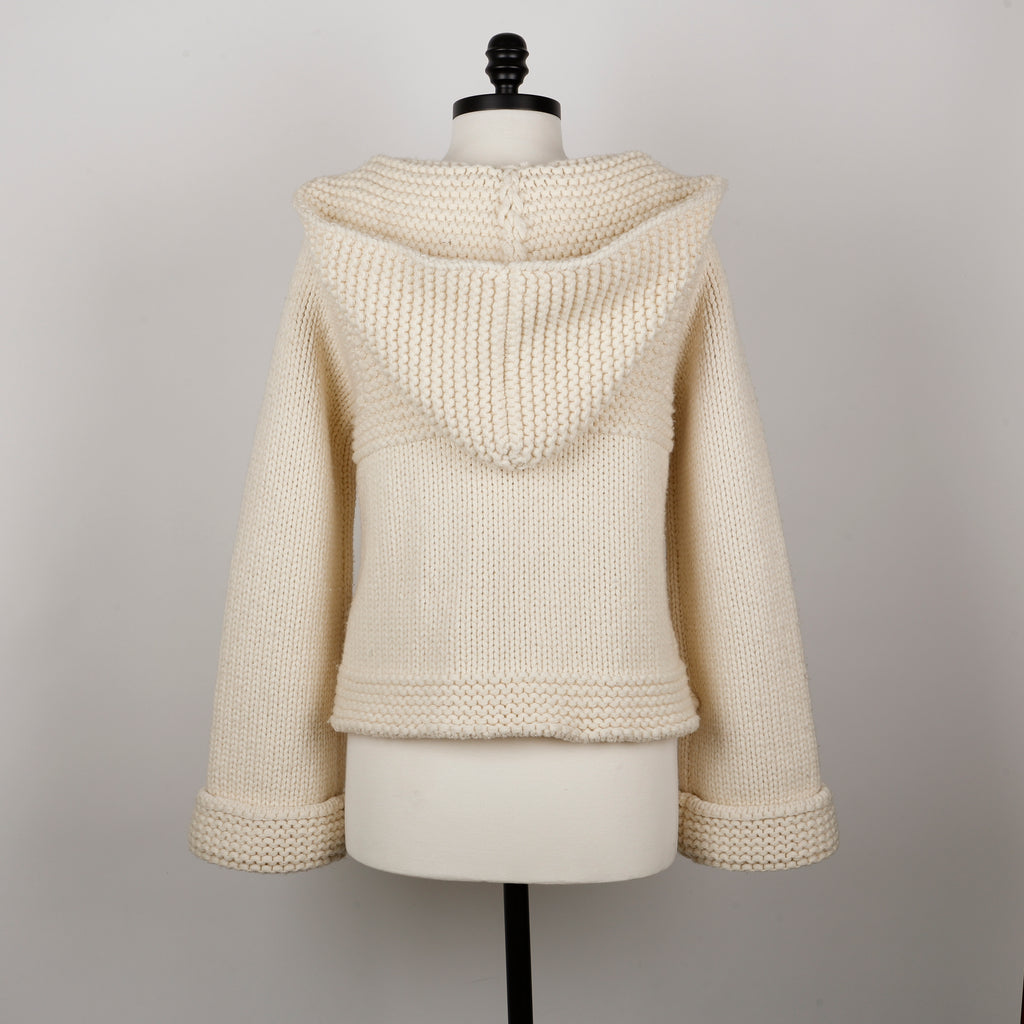 Button Up Crochet Hoodie Sweater, Cream (Size S)
