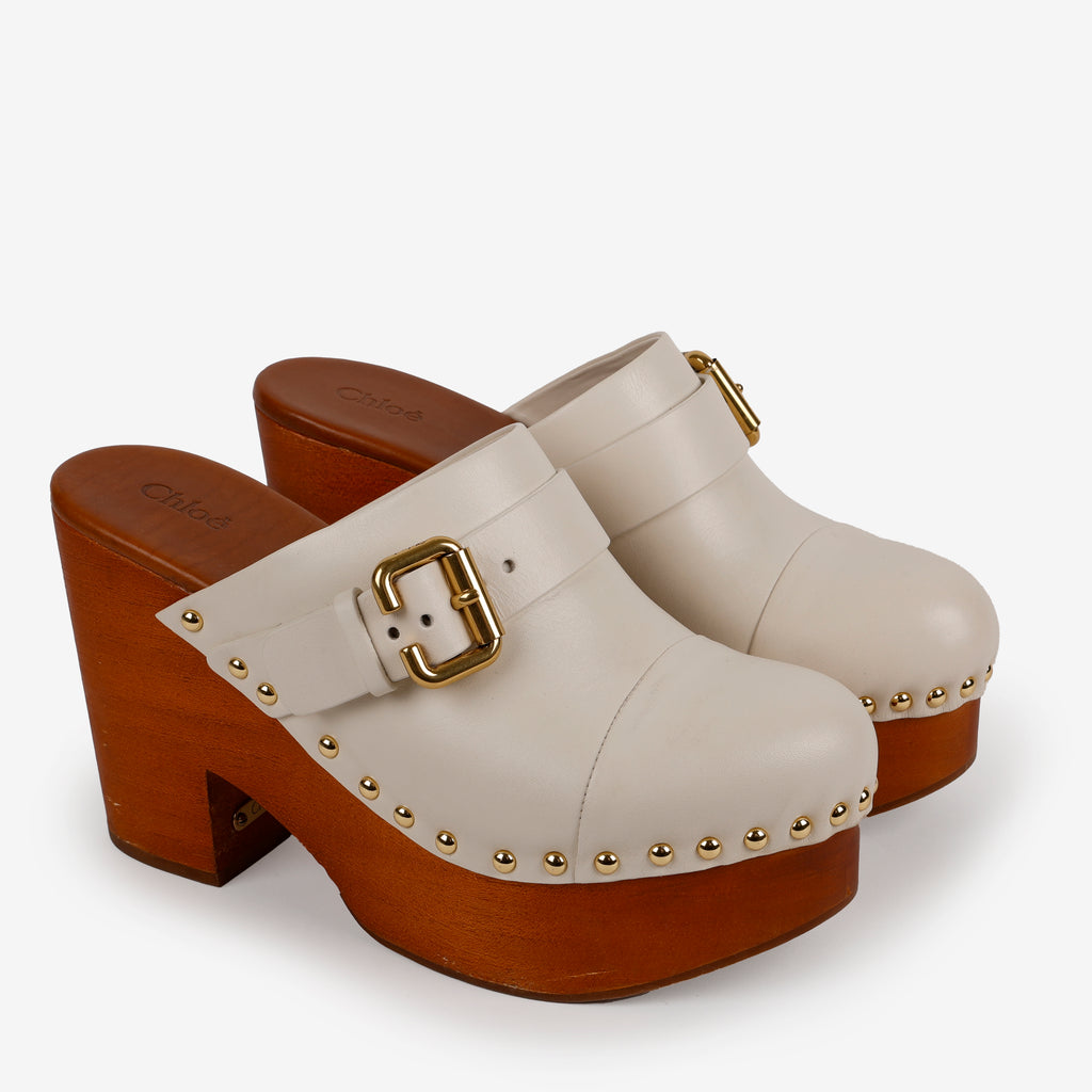 Jeannette Studded Leather Clogs, Egg Shell (39)
