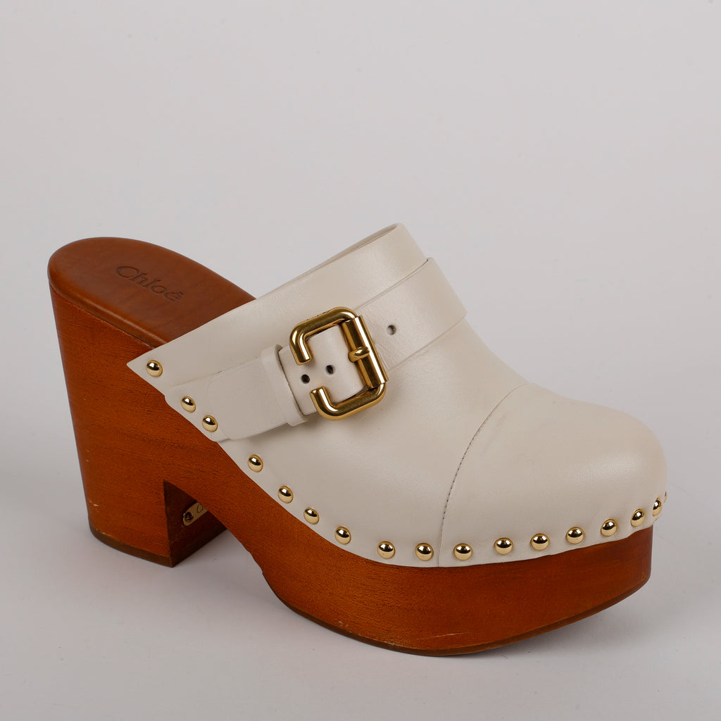 Jeannette Studded Leather Clogs, Egg Shell (39)