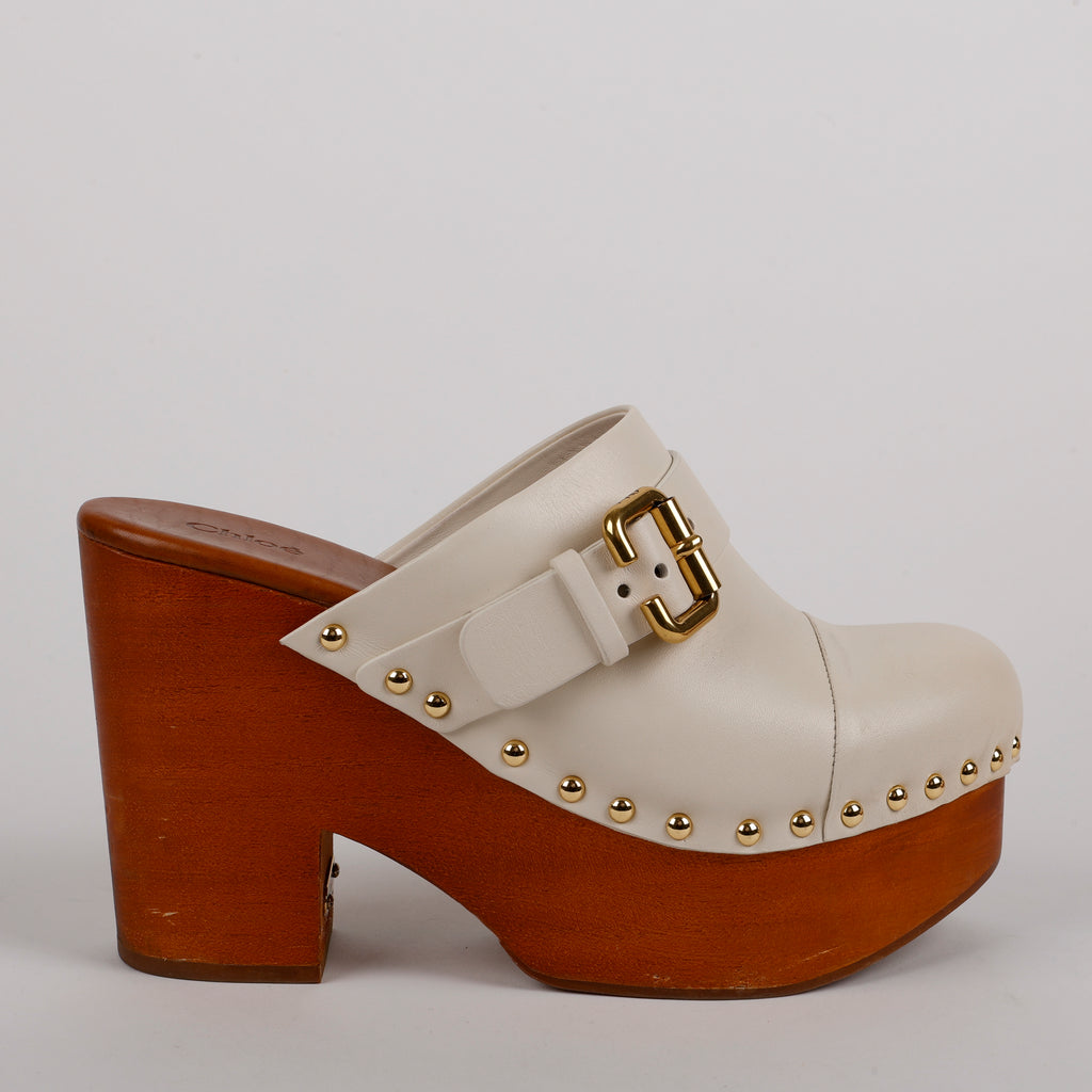 Jeannette Studded Leather Clogs, Egg Shell (39)