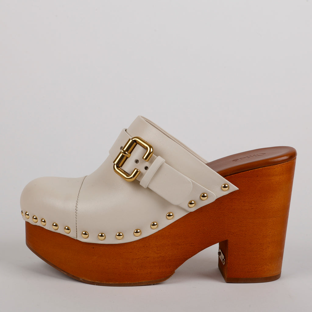 Jeannette Studded Leather Clogs, Egg Shell (39)