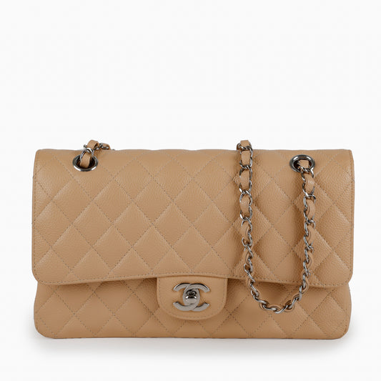 Medium Double Flap, Beige Claire Caviar Silver Hardware 12358
