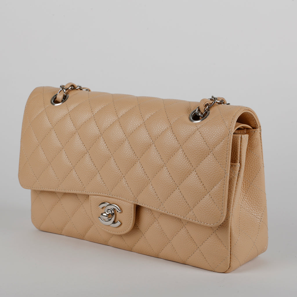 Medium Double Flap, Beige Claire Caviar Silver Hardware 12358