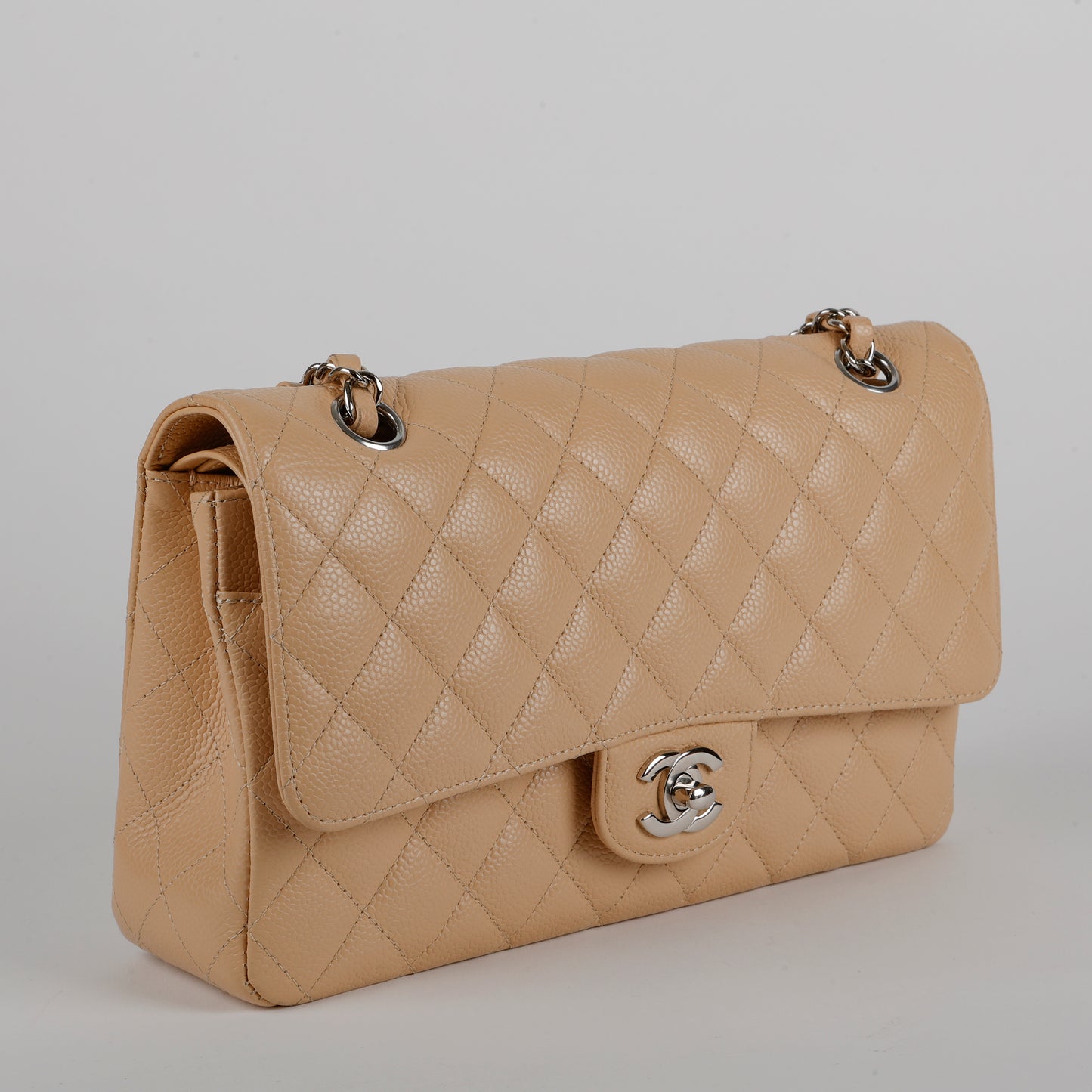 Medium Double Flap, Beige Claire Caviar Silver Hardware 12358