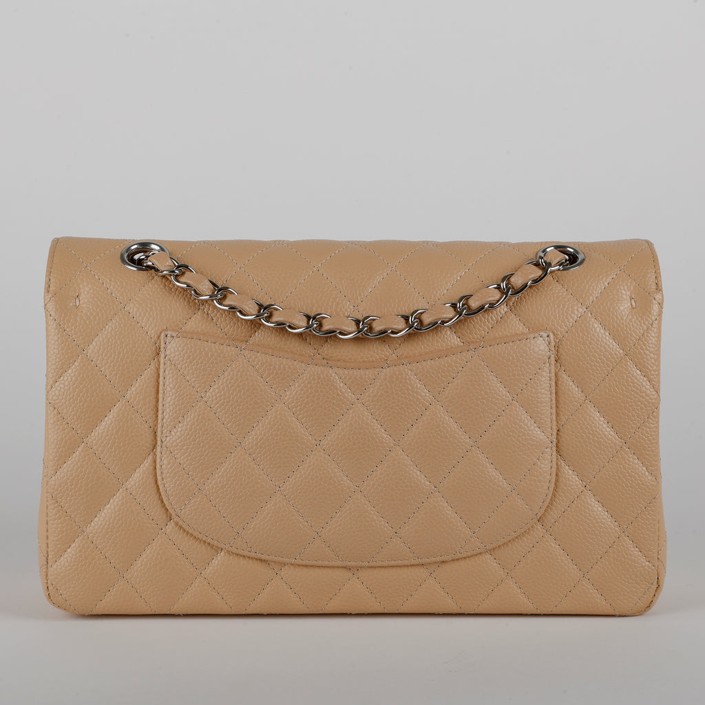 Medium Double Flap, Beige Claire Caviar Silver Hardware 12358