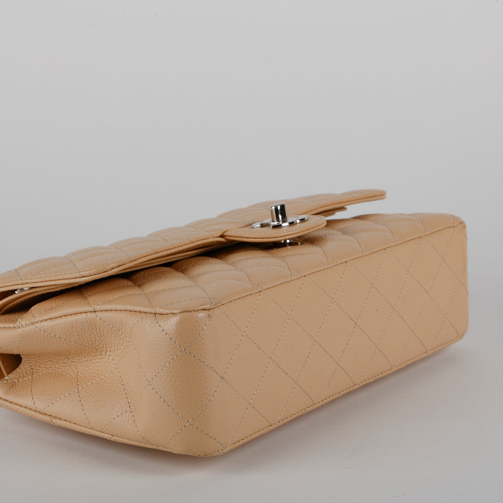 Medium Double Flap, Beige Claire Caviar Silver Hardware 12358