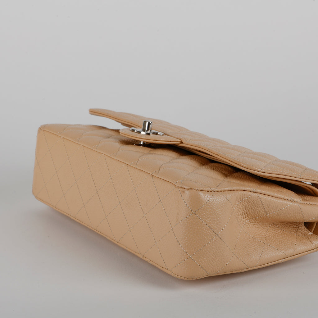Medium Double Flap, Beige Claire Caviar Silver Hardware 12358