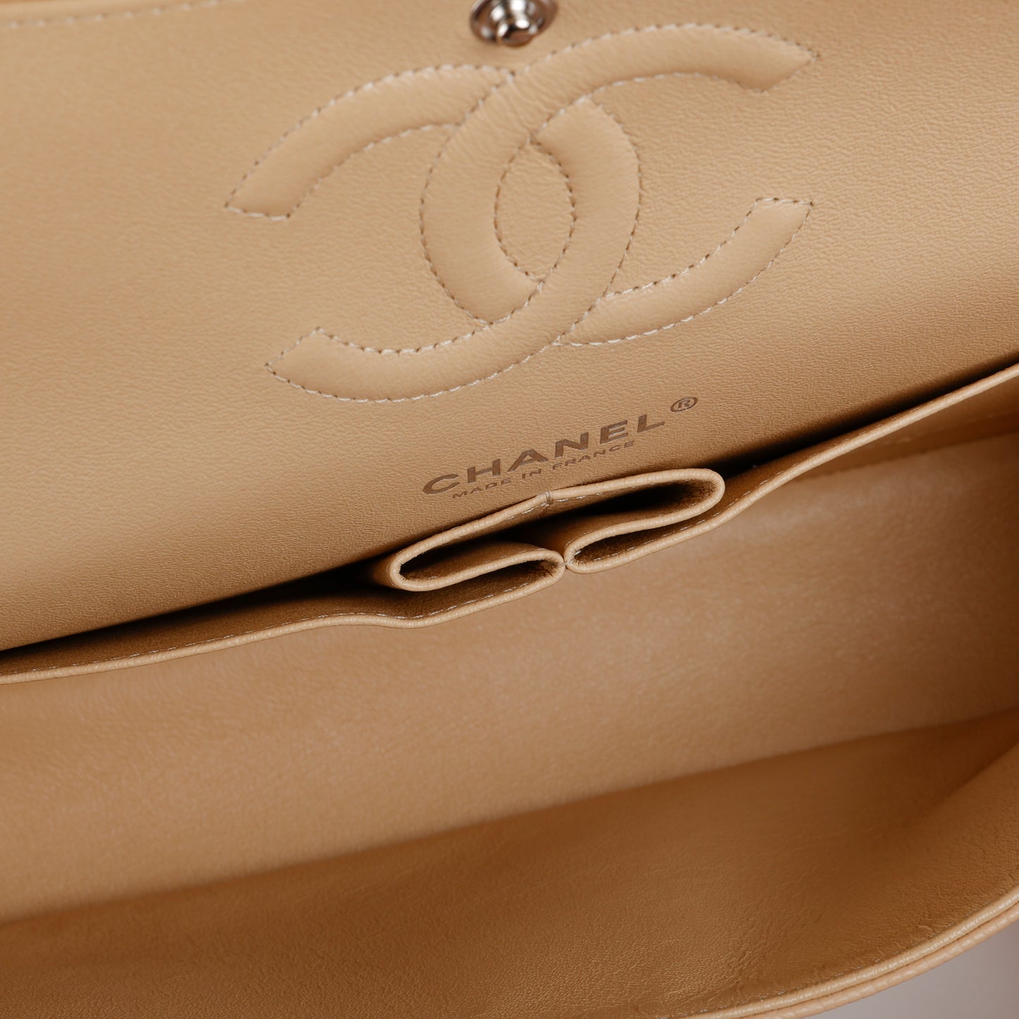 Medium Double Flap, Beige Claire Caviar Silver Hardware 12358