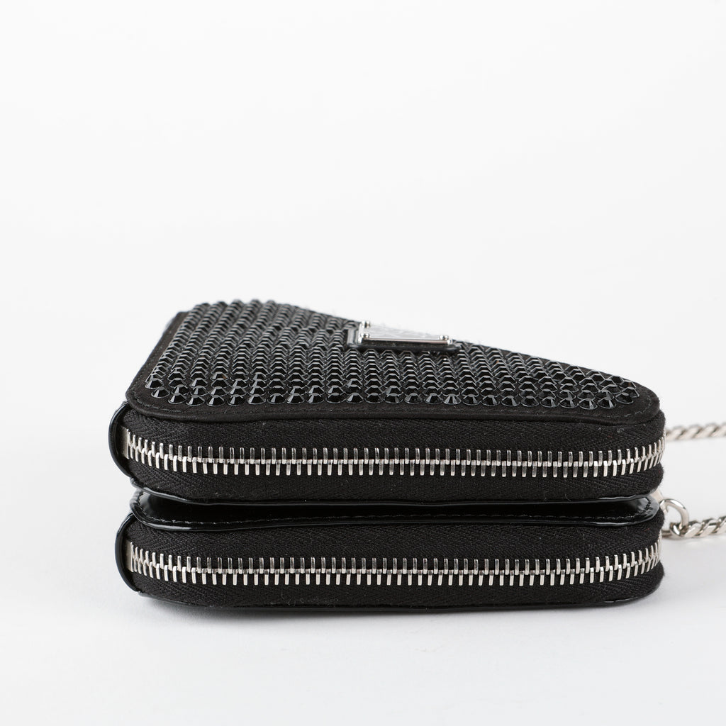 Embellished Satin And Leather Mini Pouch Black
