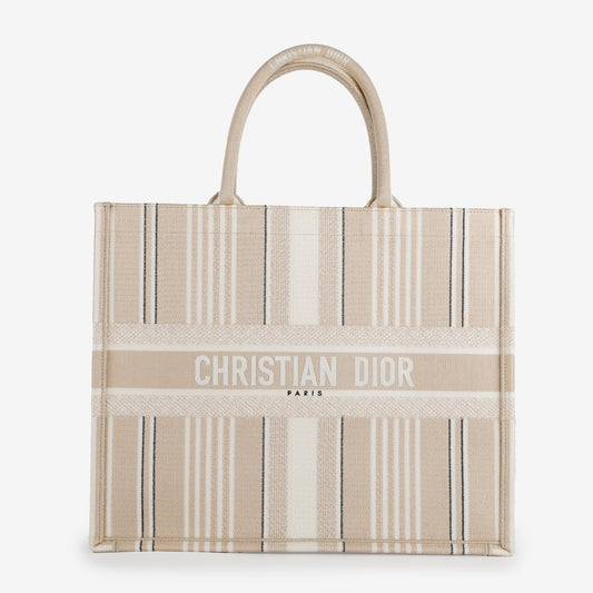 Large Book Tote, Beige Stripes