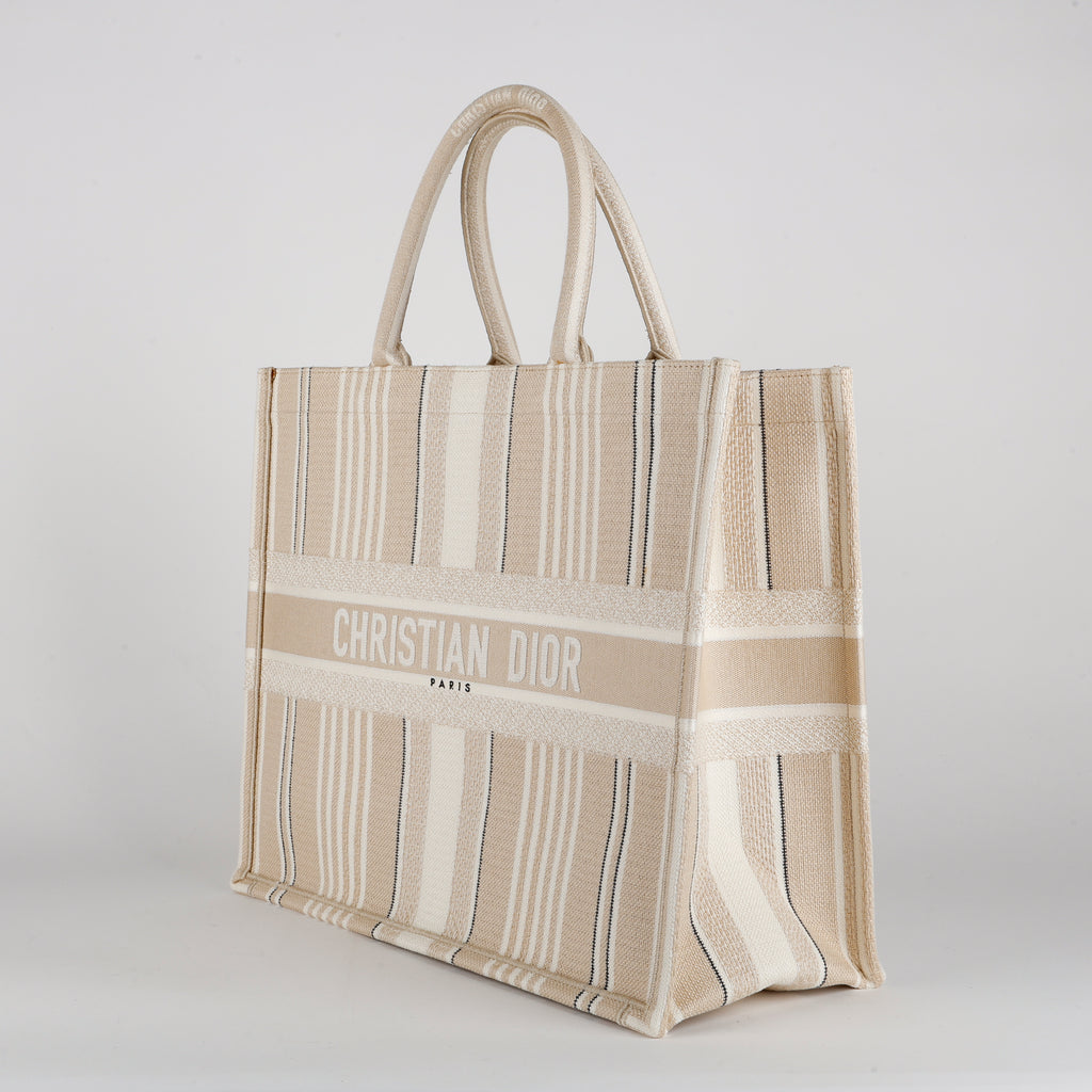 Large Book Tote, Beige Stripes