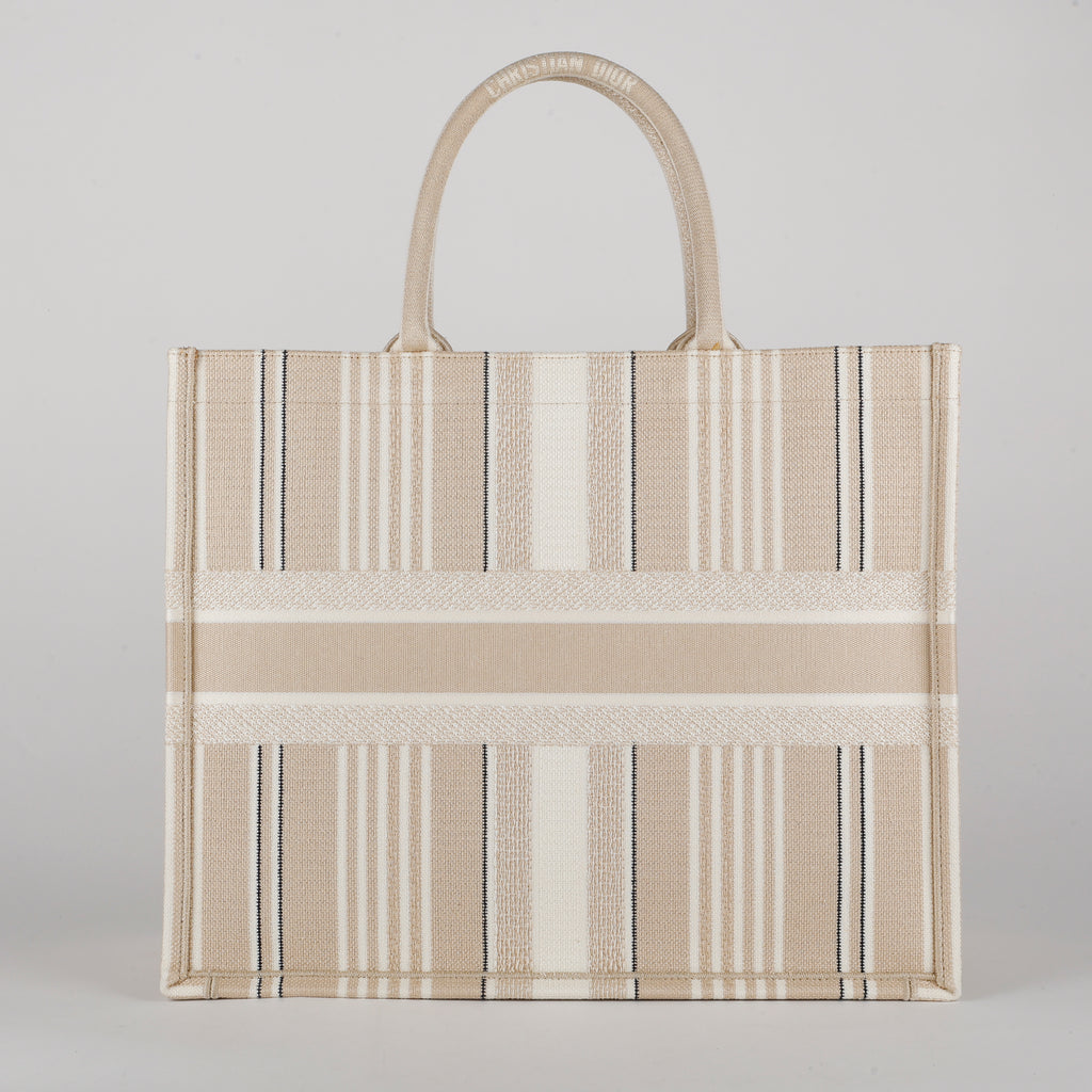 Large Book Tote, Beige Stripes