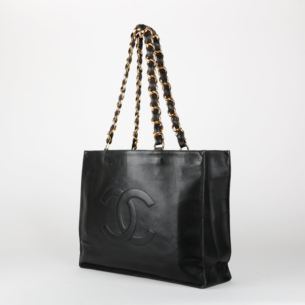 XL Chain Tote, Black Lambskin