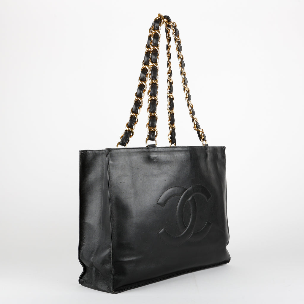 XL Chain Tote, Black Lambskin