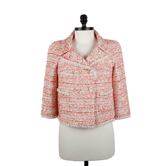 Coral Red White Cropped Tweed Jacket