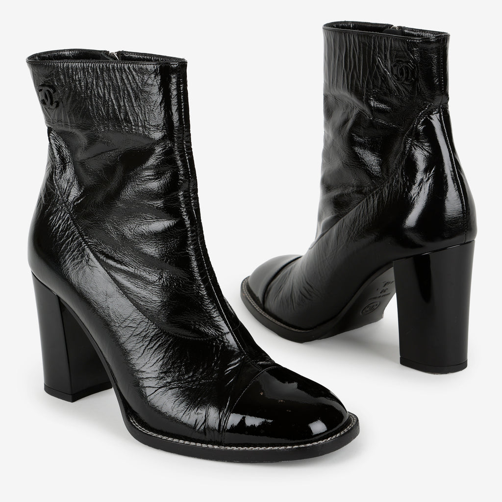 Short Boots, Black Patent Calfskin