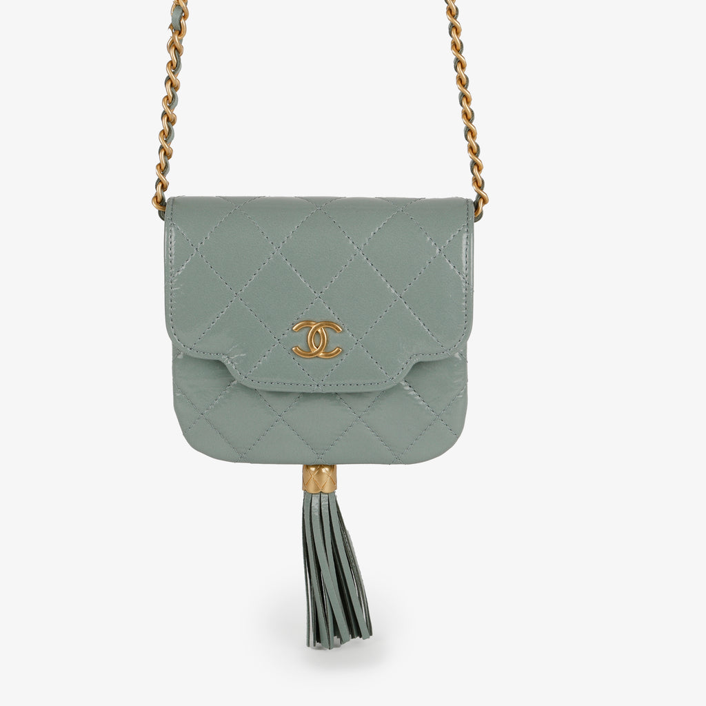 Mini Tassel Flap Bag, Light Blue Patent