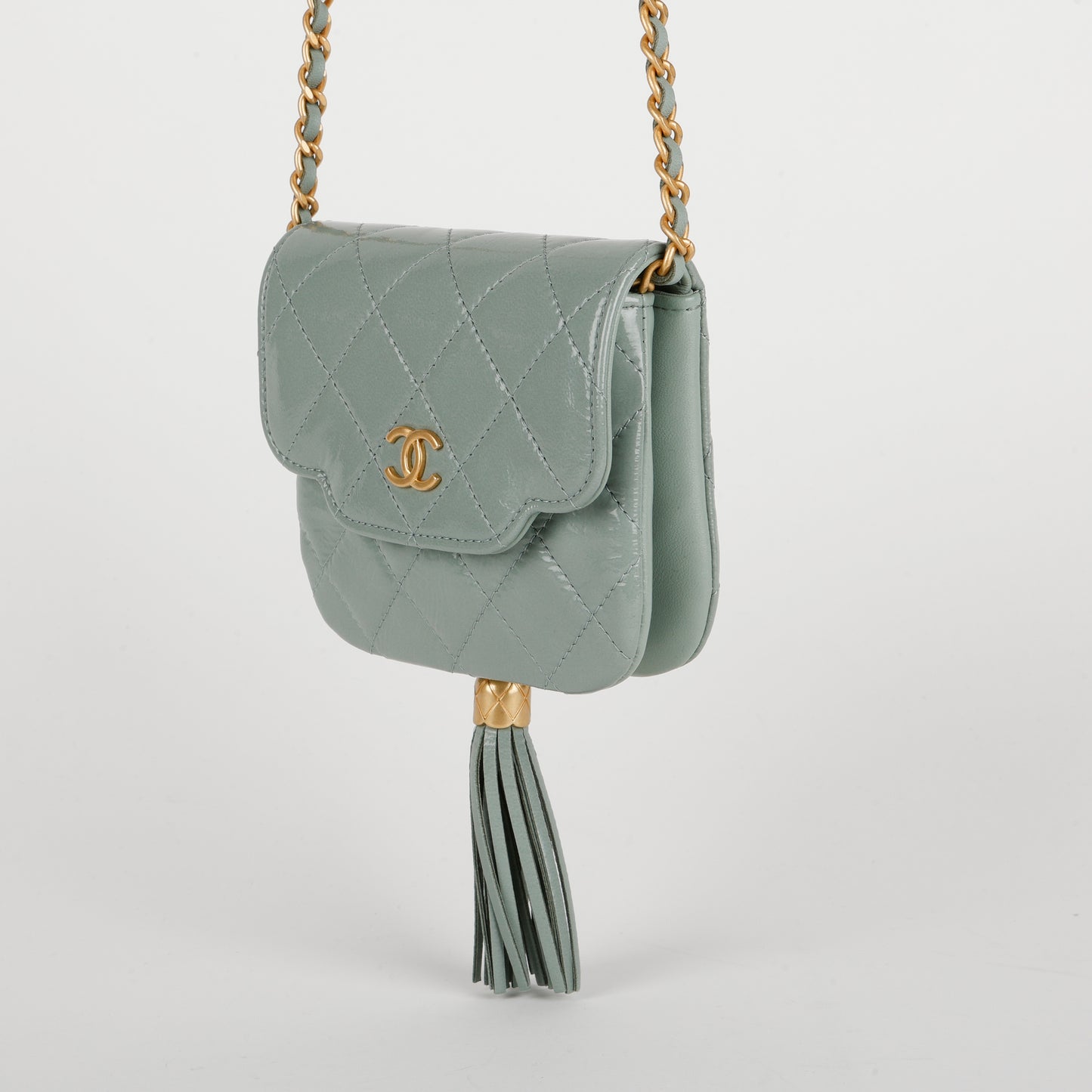 Mini Tassel Flap Bag, Light Blue Patent