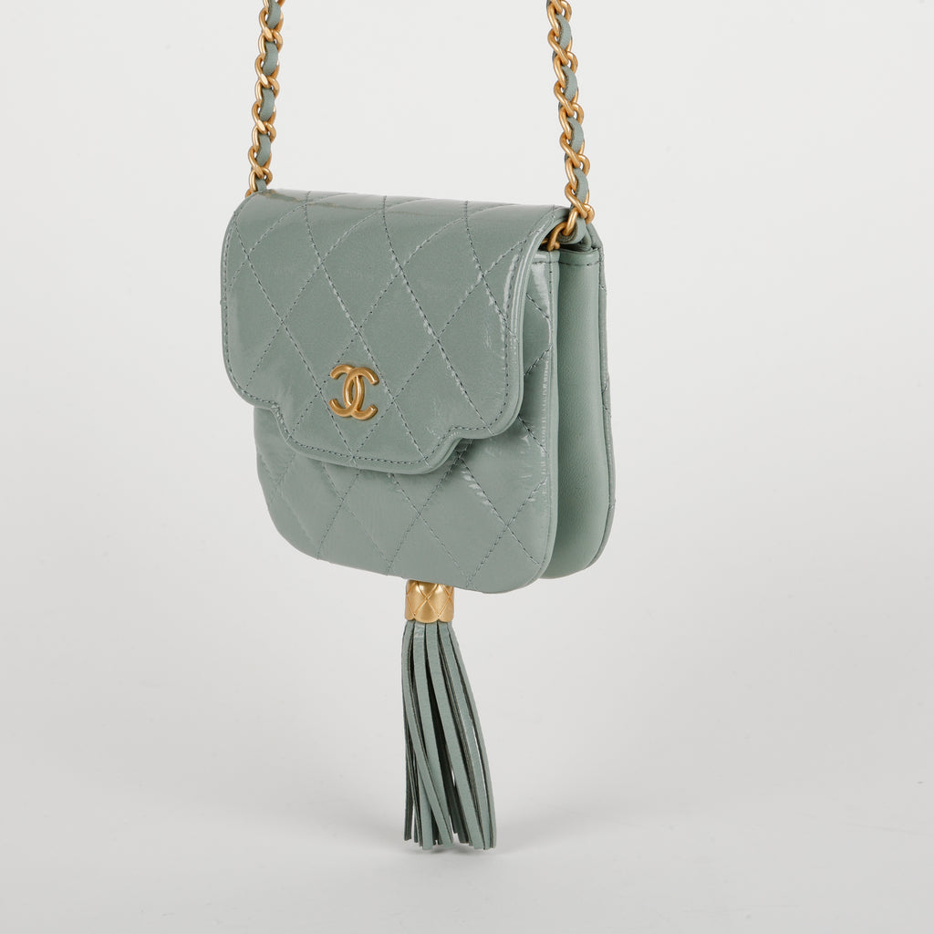 Mini Tassel Flap Bag, Light Blue Patent