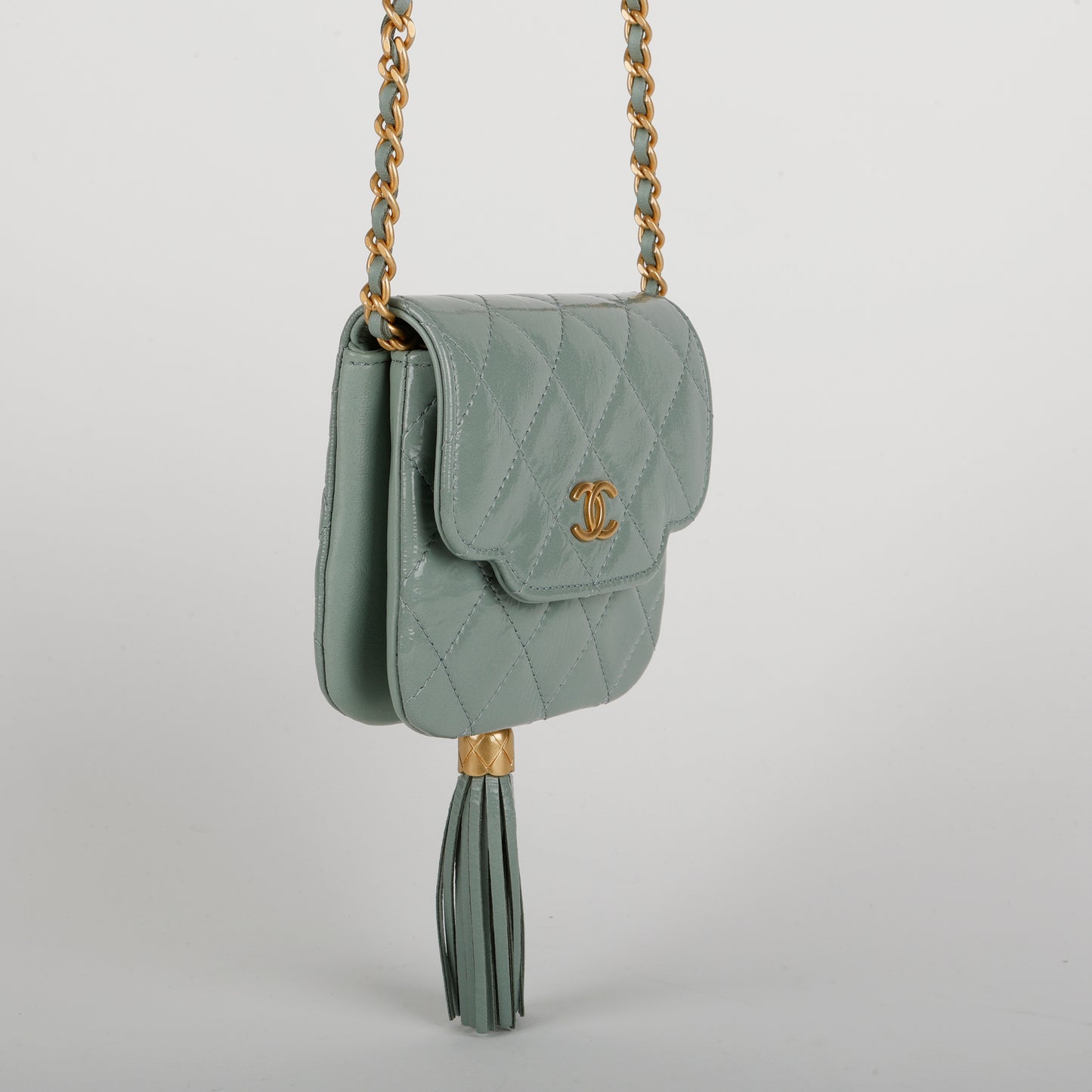 Mini Tassel Flap Bag, Light Blue Patent