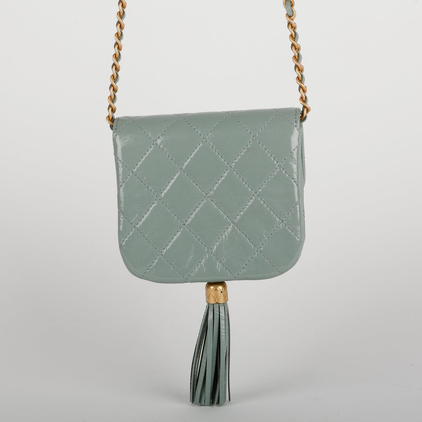 Mini Tassel Flap Bag, Light Blue Patent