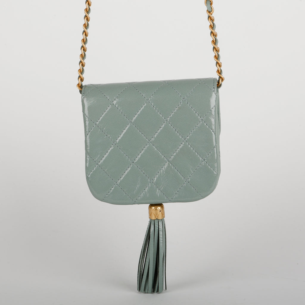 Mini Tassel Flap Bag, Light Blue Patent