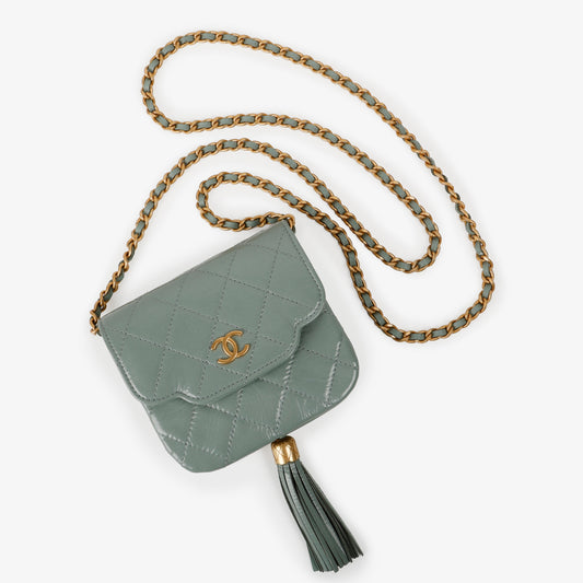 Mini Tassel Flap Bag, Light Blue Patent