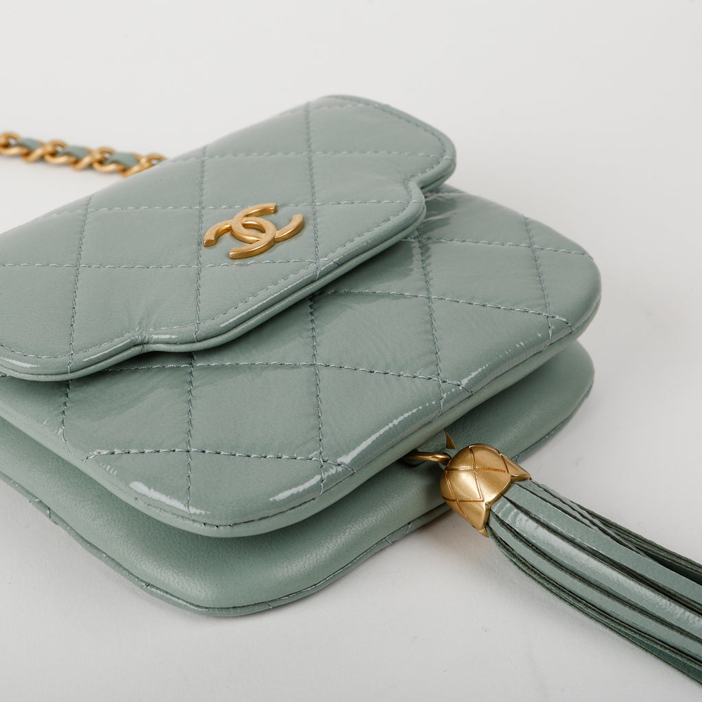 Mini Tassel Flap Bag, Light Blue Patent