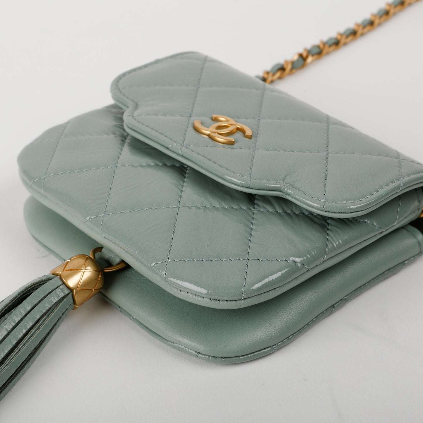 Mini Tassel Flap Bag, Light Blue Patent
